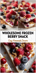 Close-up of Raspberry Frozen Yogurt Bark topped with mixed berries and crunchy granola on a white tray.